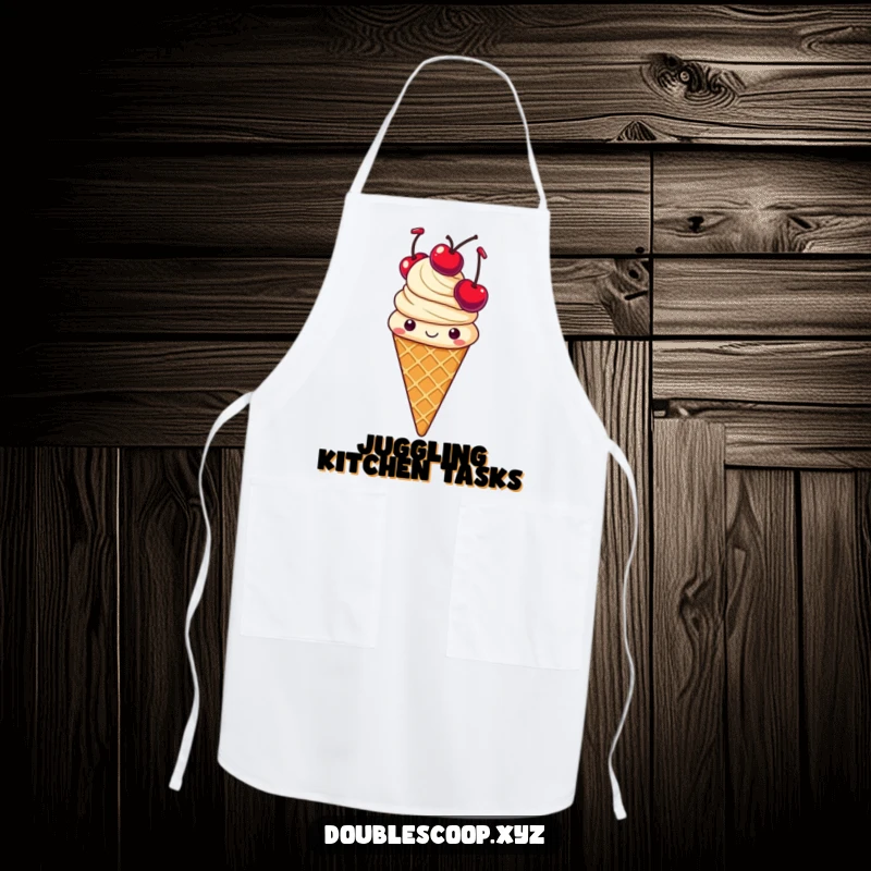 Funny juggling vanilla ice cream cone apron, a cheerful and humorous kitchen accessory.