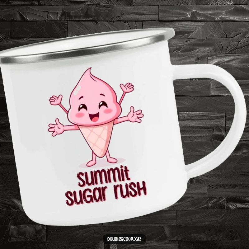 Funny pink ice cream scoop cheering, a durable and funny enamel camping mug for cheerful outdoor experiences.