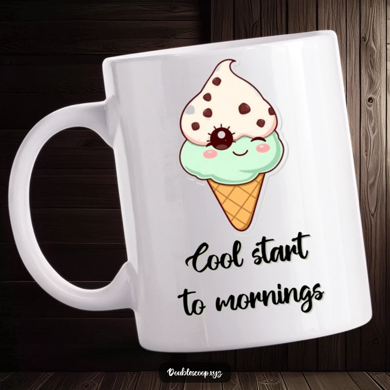 Funny mint chocolate chip ice cream cone winking playfully, a delightful and humorous design for your favorite mug.
