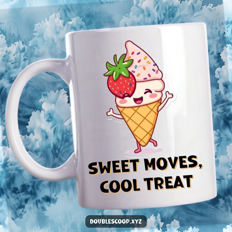 Funny smiling strawberry ice cream cone with sprinkles doing a little dance, a sweet and joyful treat.