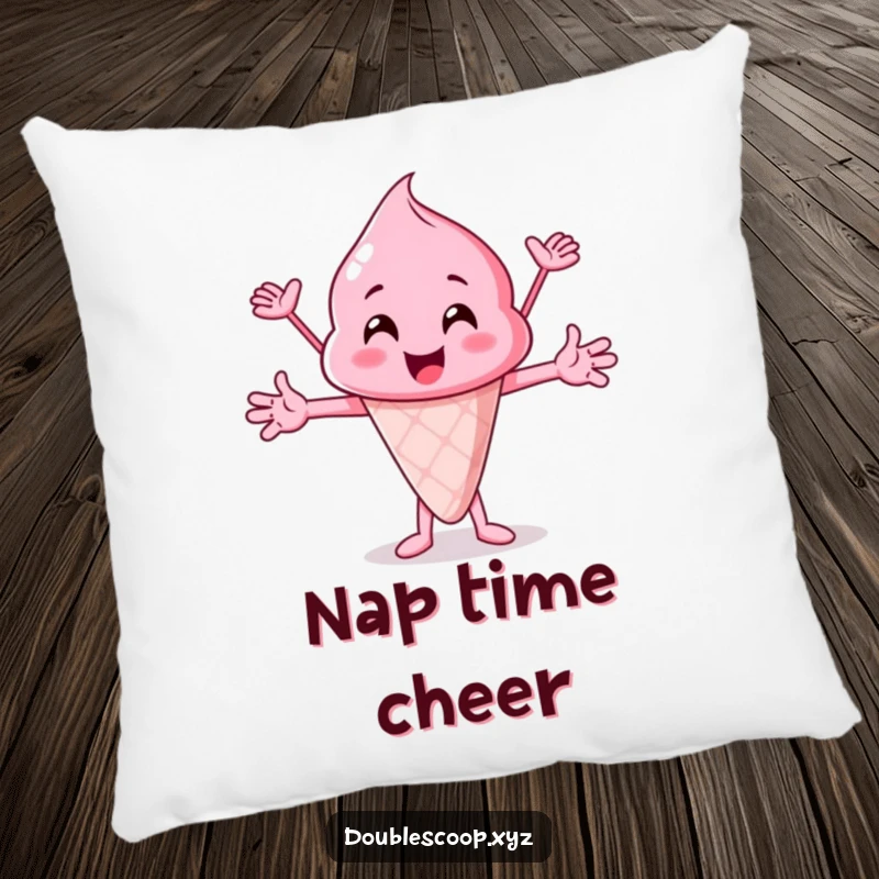 Funny pink ice cream scoop cheering, a soft and humorous pillow that brings comfort and joy.