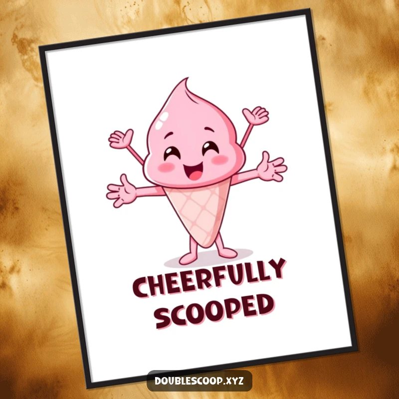 Funny pink ice cream scoop cheering enthusiastically, a downloadable digital art print for instant cheerful decor.