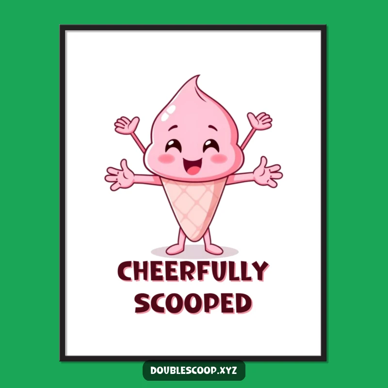 Funny Pink Ice Cream Scoop Cheering Digital Art Print - Instant Joyful Decor