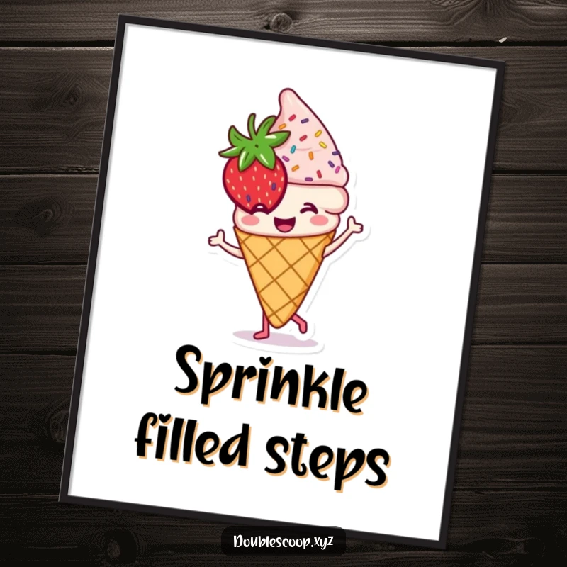 Funny smiling strawberry ice cream cone with sprinkles doing a little dance as digital art, sweet and humorous.
