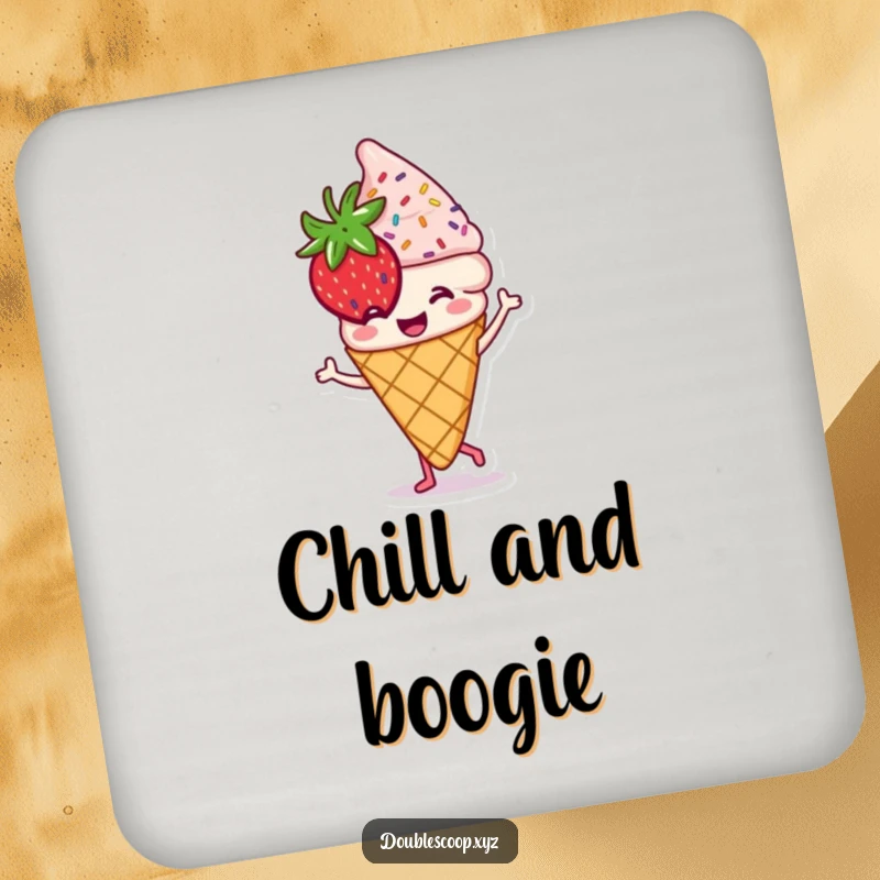 Funny dancing strawberry ice cream cone coaster set, protecting surfaces with sweet humor and charm.