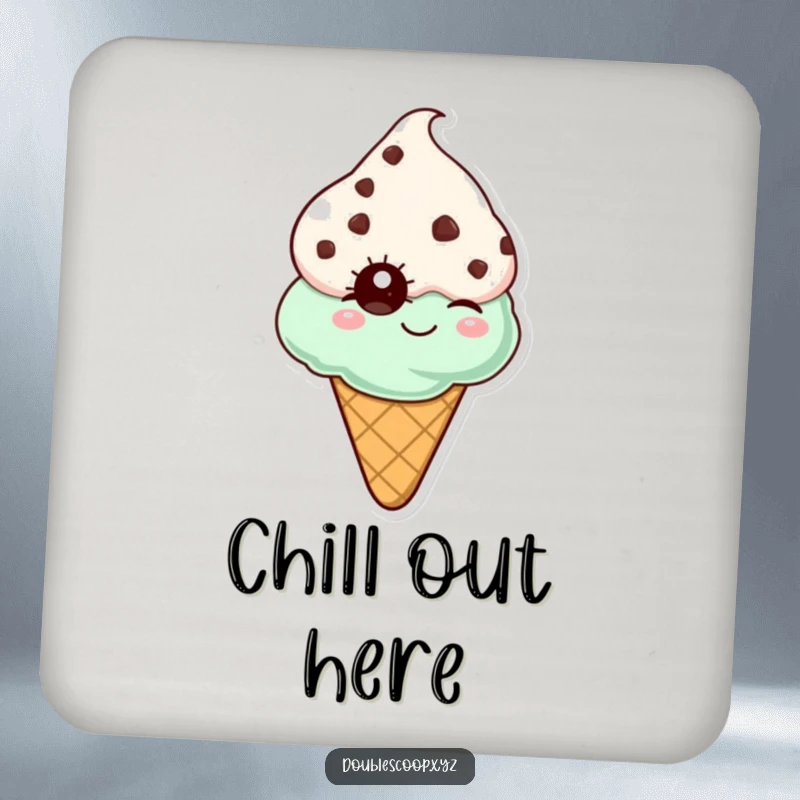 Funny mint chocolate chip ice cream cone winking, a humorous and protective drink coaster for any surface.