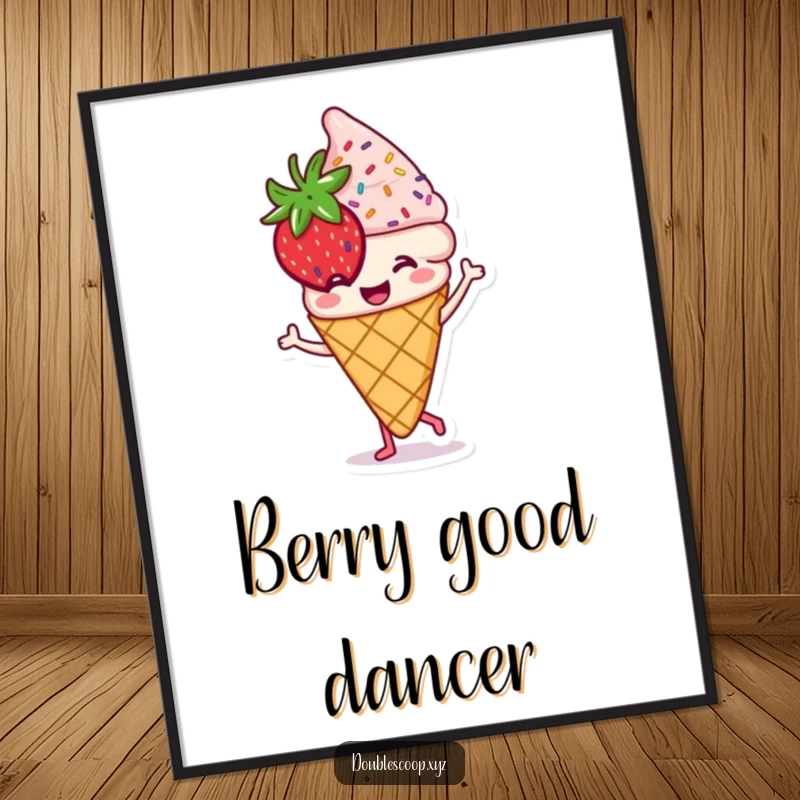 Funny smiling strawberry ice cream cone with sprinkles doing a little dance, vibrant wall art.