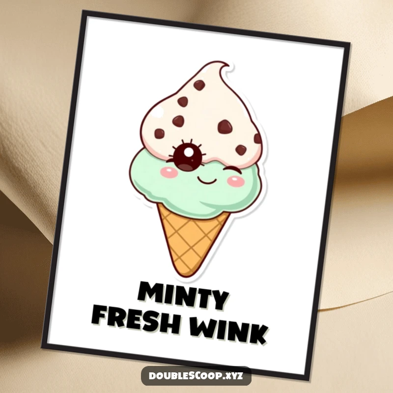 Funny mint chocolate chip ice cream cone winking, a vibrant and humorous poster to decorate your space.