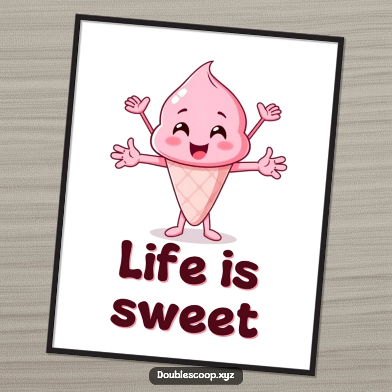 Funny pink ice cream scoop cheering with enthusiasm, a lively and funny poster for cheerful wall art.