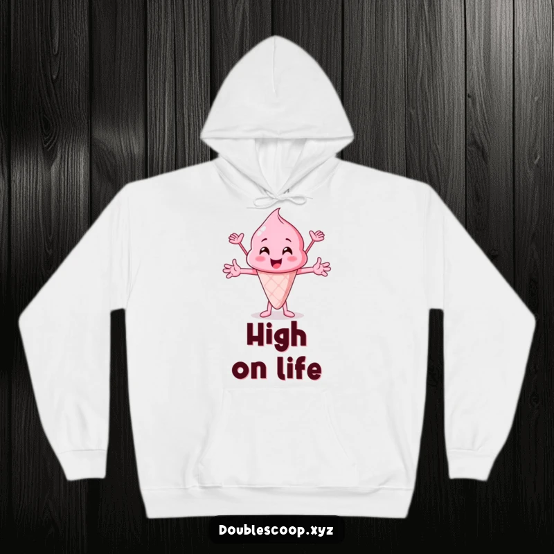 Funny pink ice cream scoop cheering happily, a warm and humorous hoodie for ultimate comfort and positive energy.
