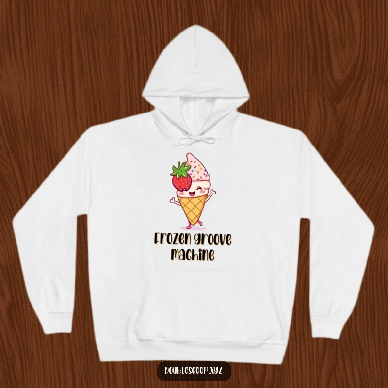 Cozy funny dancing strawberry ice cream cone hoodie, sweet and stylish comfort wear.