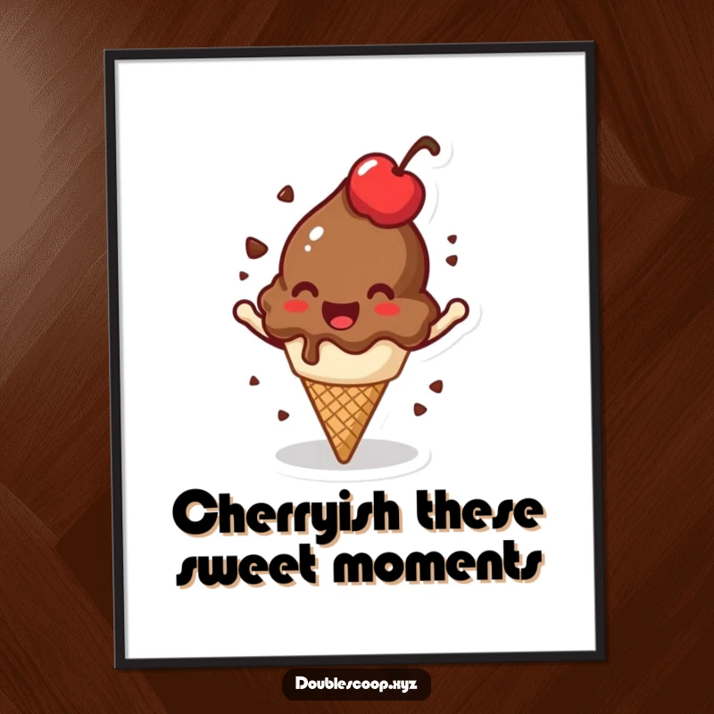 Funny Free Printable Wall Art: A jovial chocolate ice cream scoop with a cherry on top is captured mid-spin.