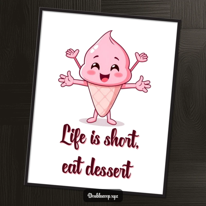 Funny Free Printable Wall Art of a playful bubblegum pink ice cream scoop cheering with open arms, radiating happiness.