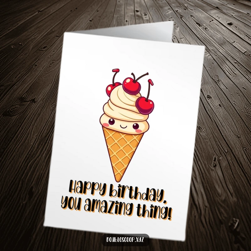 Funny Free Printable Birthday Card: A cheerful vanilla ice cream cone juggles three bright red cherries skillfully.