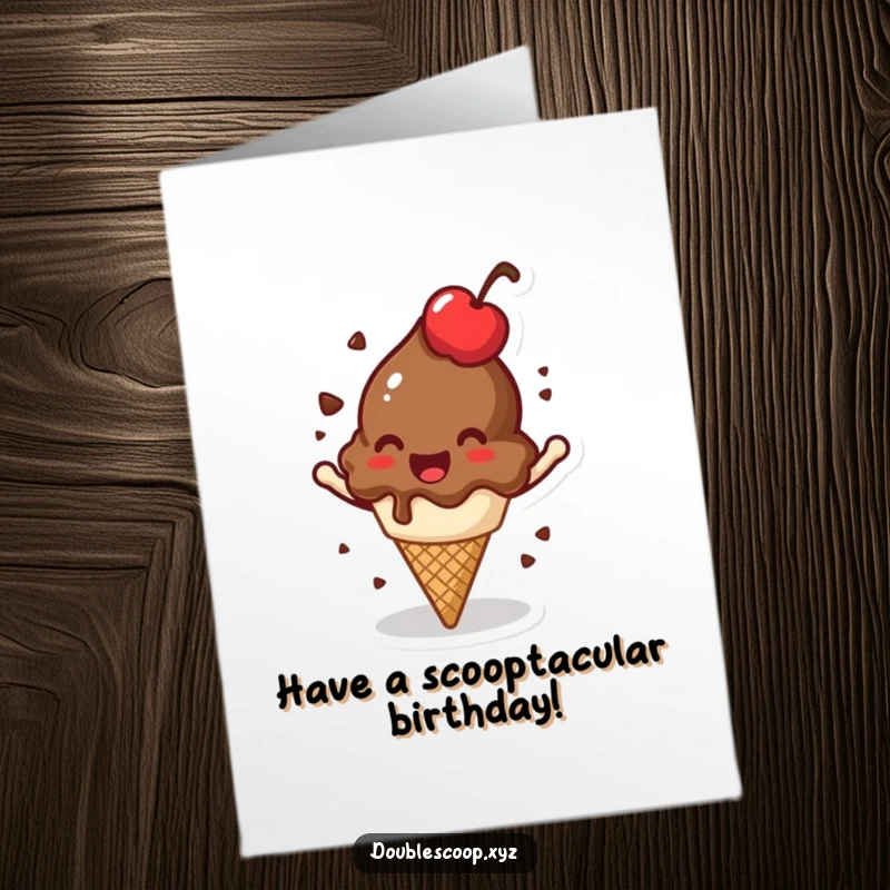 Funny Free Printable Birthday Card: A jovial chocolate ice cream scoop with a cherry on top spins merrily.