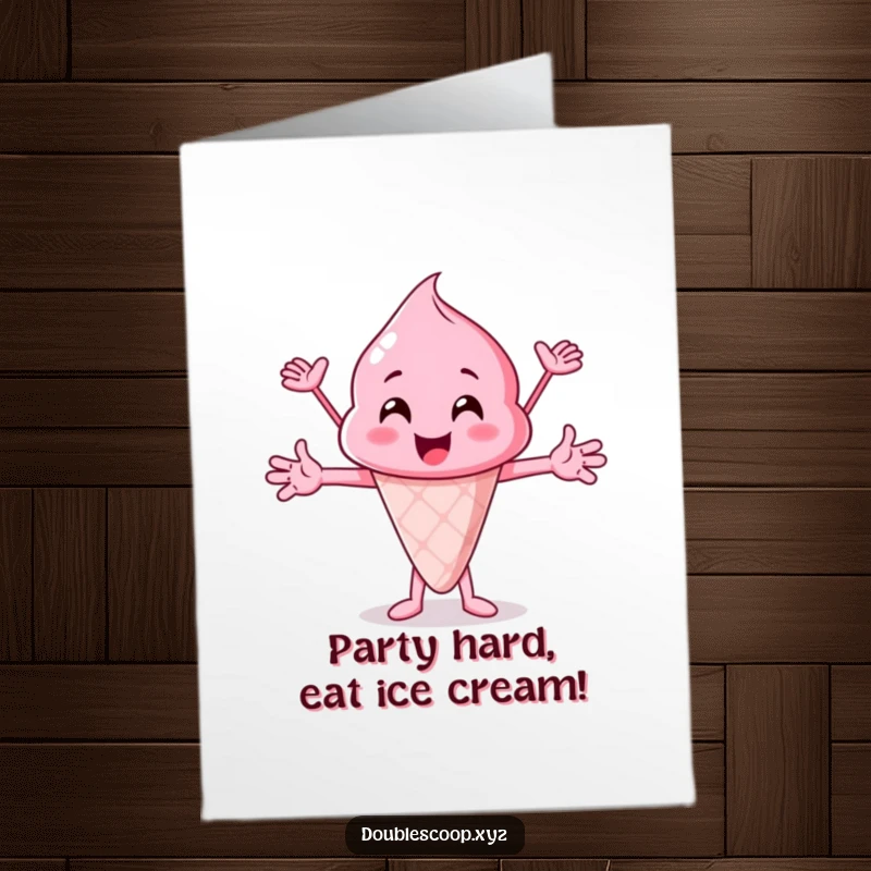 Funny Free Printable Birthday Card featuring a cheerful bubblegum pink ice cream scoop cheering with open arms.