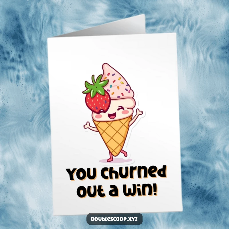 Funny Free Printable Congrats Card: A smiling strawberry ice cream cone with sprinkles dances with pure delight.