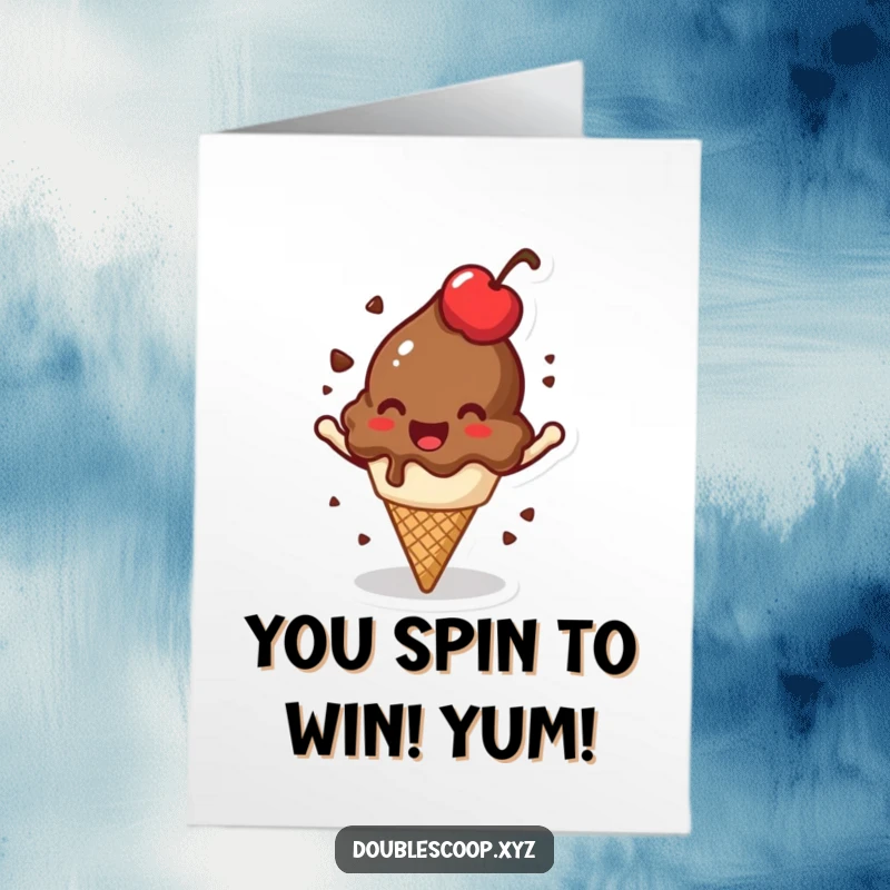 Funny Free Printable Congrats Card: A jovial chocolate ice cream scoop with a cherry on top spins in celebration.