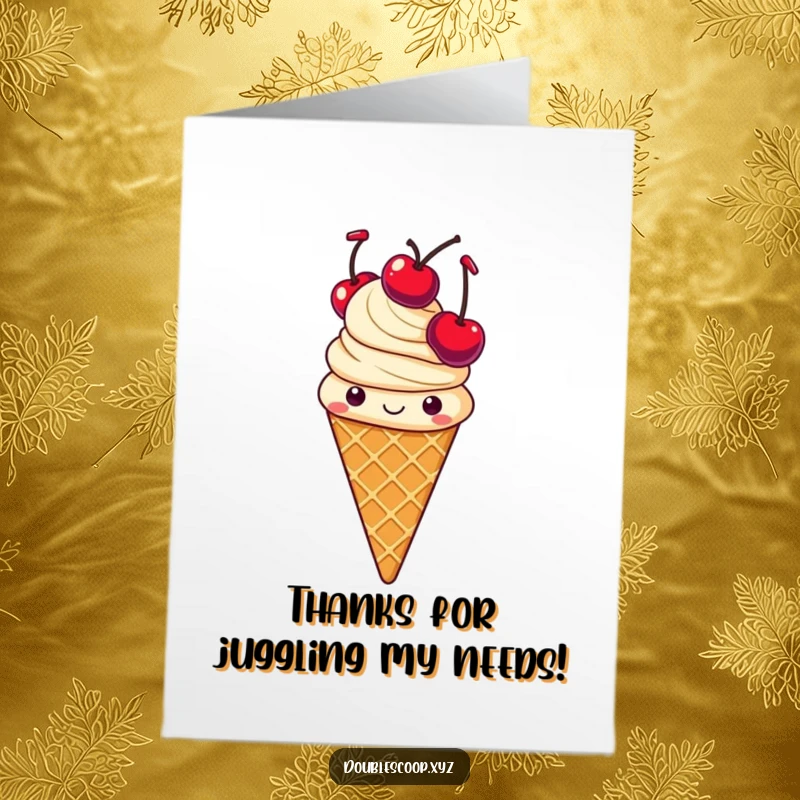 Funny Free Printable Thank You Card: A cheerful vanilla ice cream cone juggles three cherries with impressive skill.