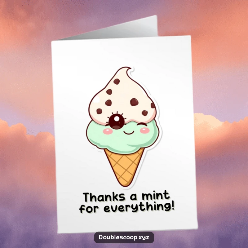 Funny Free Printable Thank You Card featuring a winking mint chocolate chip ice cream cone, incredibly grateful.