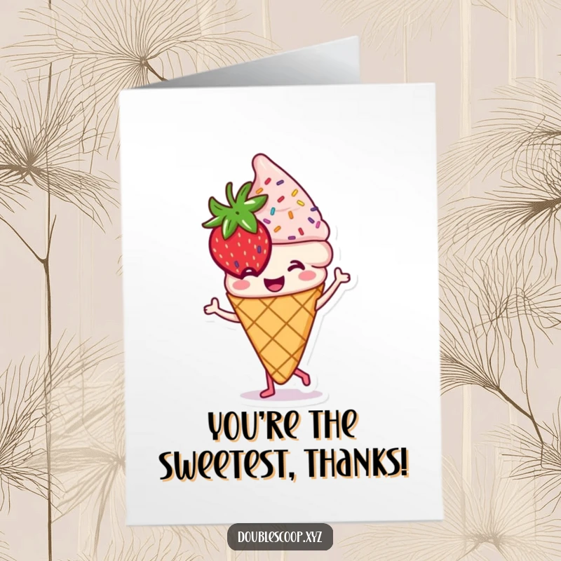 Funny Free Printable Thank You Card: A smiling strawberry ice cream cone with sprinkles performs a happy dance.