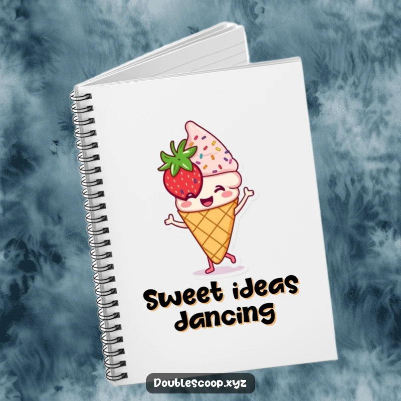 Funny dancing strawberry ice cream cone notebook, perfect for jotting notes with sweet humor.