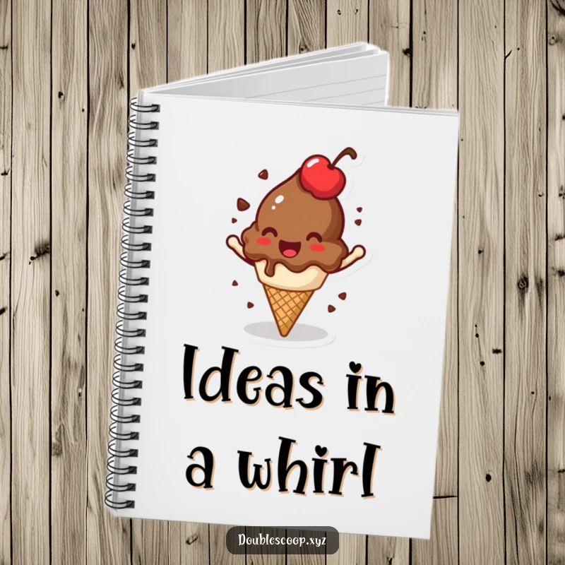 Funny spinning chocolate ice cream scoop notebook, perfect for jotting notes with jovial humor.