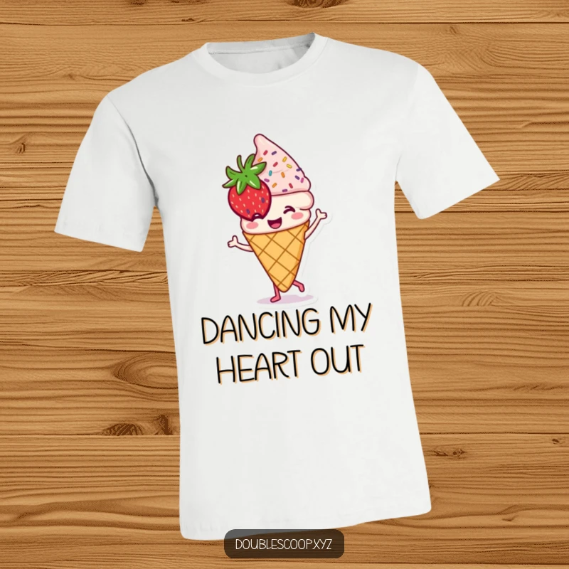 Funny smiling strawberry ice cream cone with sprinkles doing a little dance on a t-shirt.