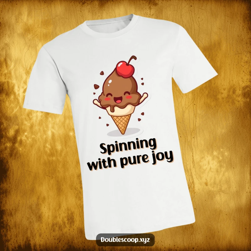 Funny jovial chocolate ice cream scoop with a cherry on top, spinning on a t-shirt.