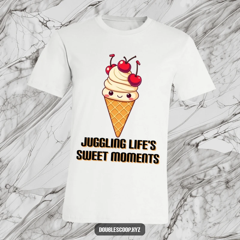 Funny cheerful vanilla ice cream cone with waffle texture, juggling three cherries on a t-shirt.