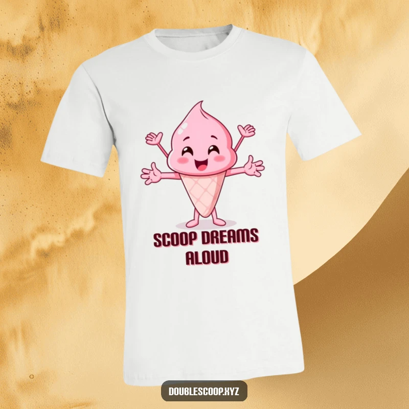 Funny pink ice cream scoop cheering with open arms, a vibrant and funny t-shirt for a cheerful personality.