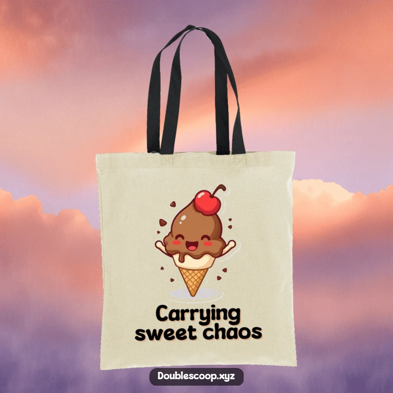 Funny spinning chocolate ice cream scoop tote bag, a jovial and humorous accessory for carrying essentials.