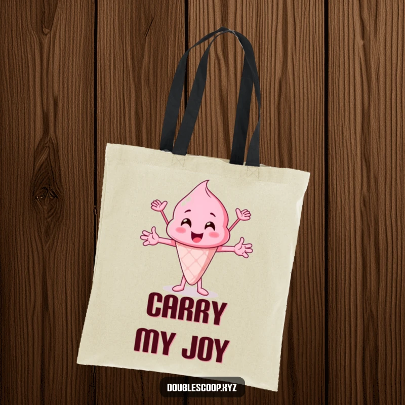 Funny pink ice cream scoop cheering with outstretched arms, a fun and funny tote bag for daily use.